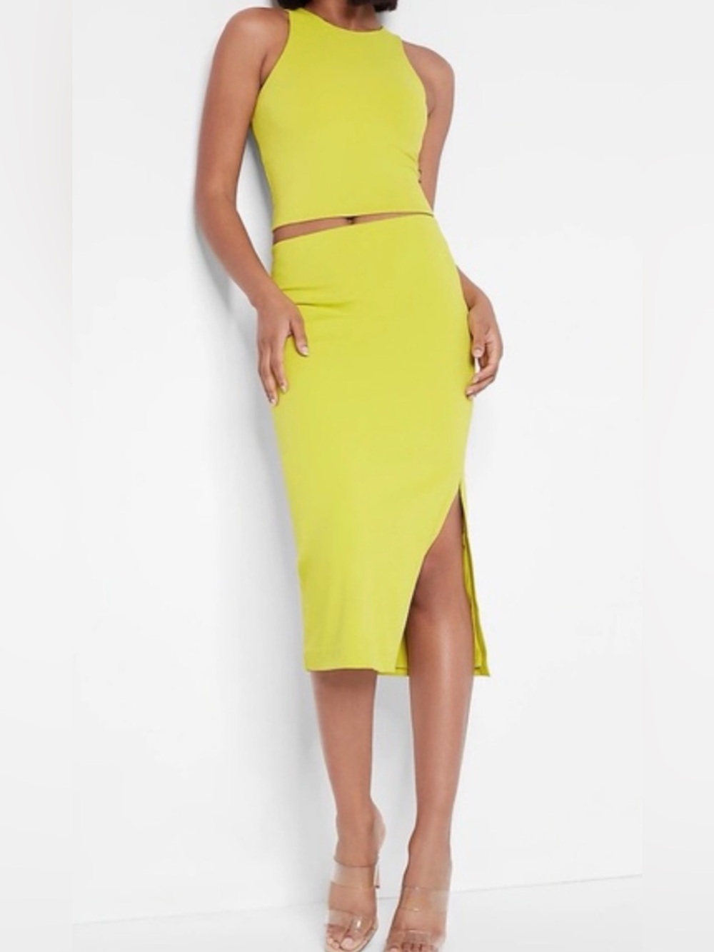 NWT New Express Chartreuse Bodycon Midi Skirt Size M
